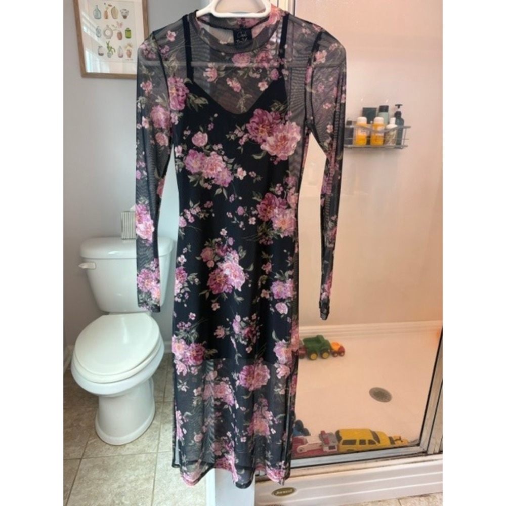 Oak & Trellis Women's S Black Pink Floral Mesh Midi Dress Long Sleeve Shear